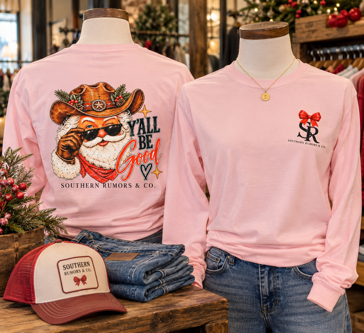 Y’all Be Good Cowboy Santa Long Sleeve Tee